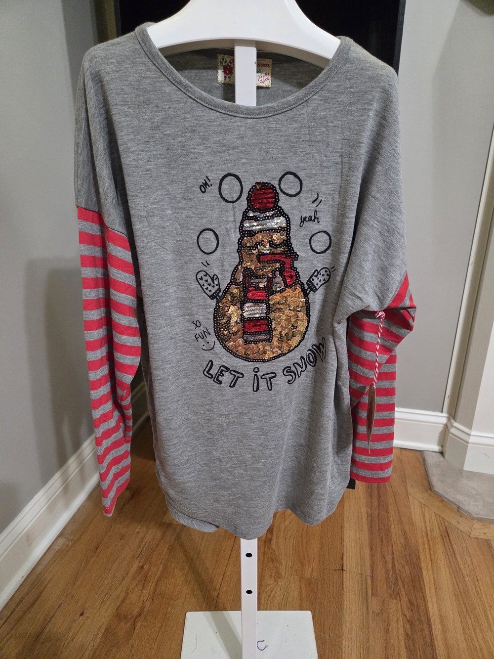 Girls Grey 'Let It Snow' Sequin Snowman Shirt with Stripe Sleeves